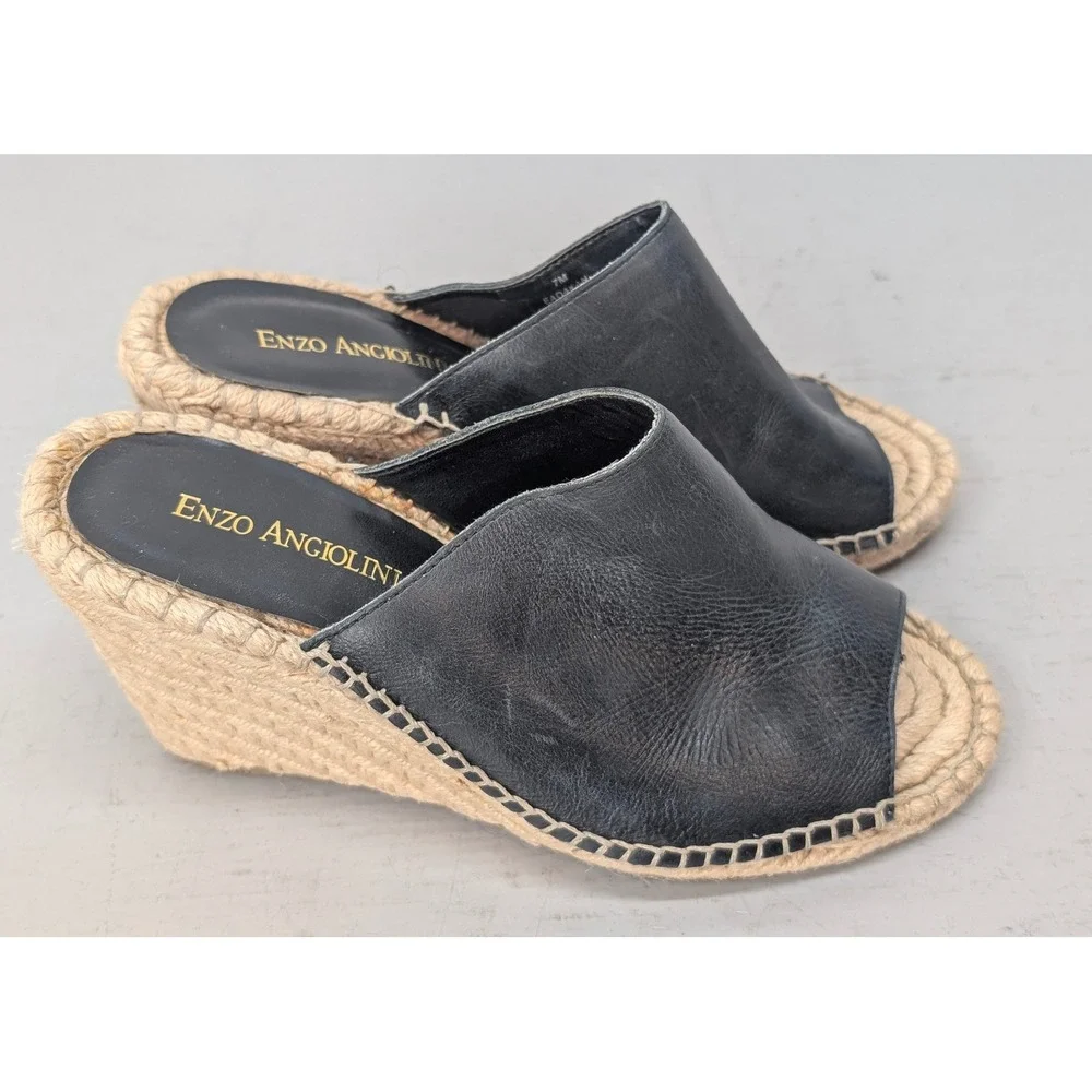 Enzo Angiolini‎ Espadrille Wedge Sandals Open Toe Mules Black Leather Women's 7M